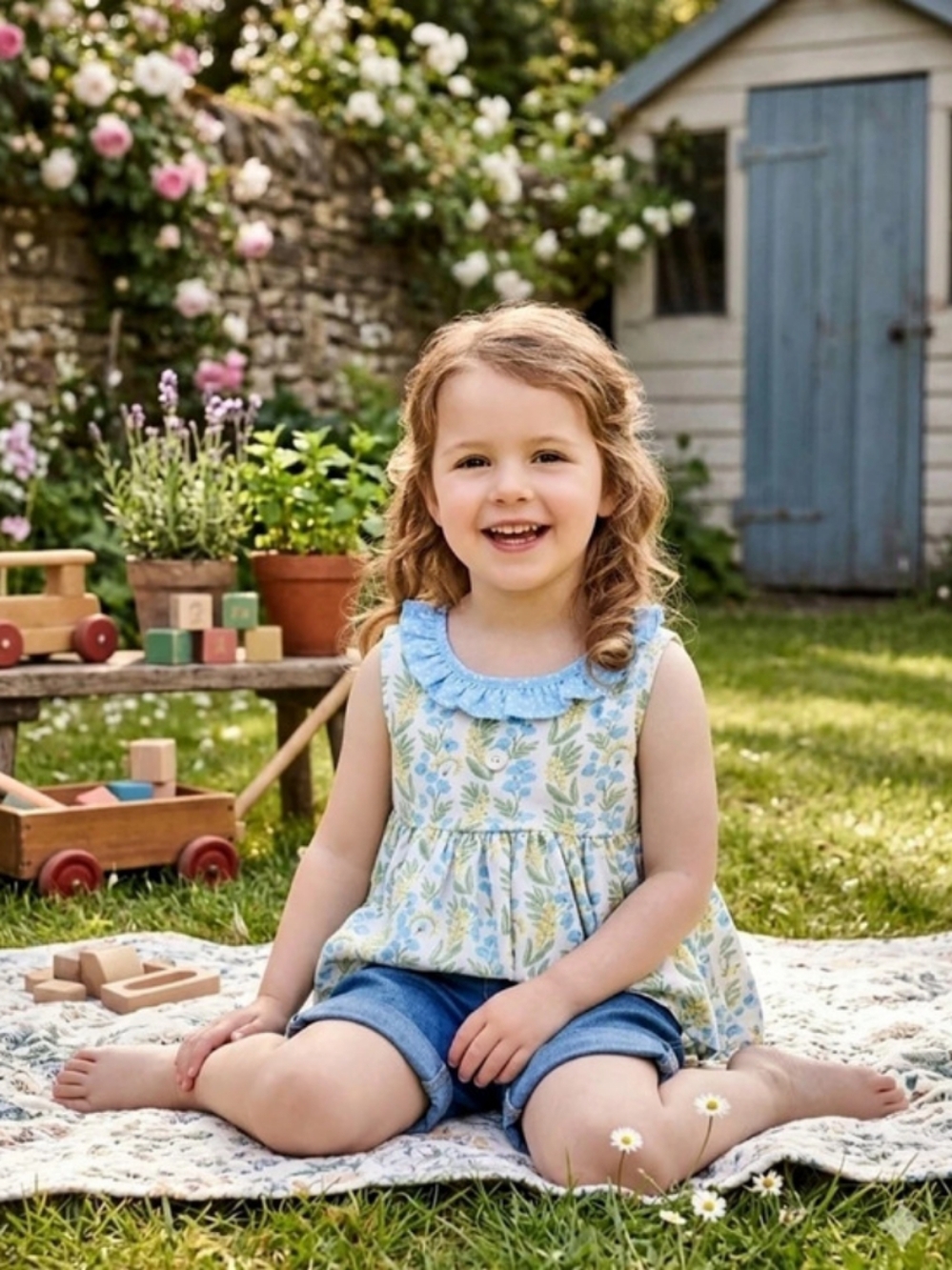 Eleanor Rose Floral Blue & Green Sleeveless Top